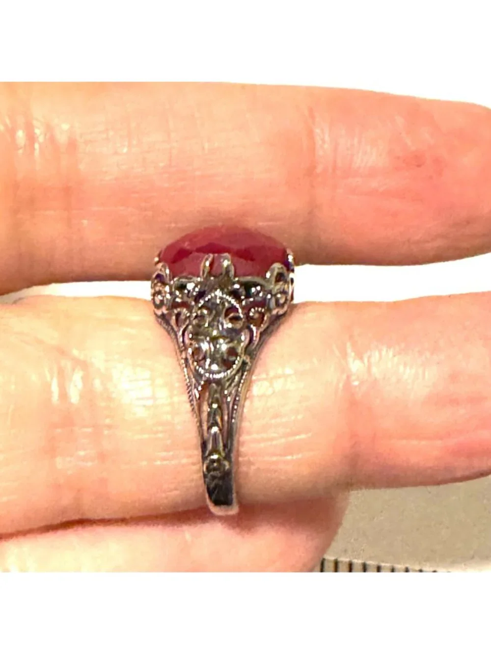 Solid Sterling Silver 925 Indian Ruby Corundum Scroll Design Ring Size 6